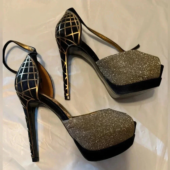 Sam Edelman Paulette Heel Gold Black Posh peep-toe silhouette pump Sparkle 6 - Picture 1 of 8